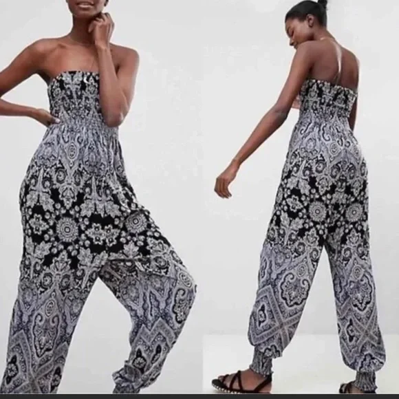 Free People Pants Jumpsuits Free People Thinking Of You Printed Strapless Jumpsuit Boho Size Xsmall Poshmark